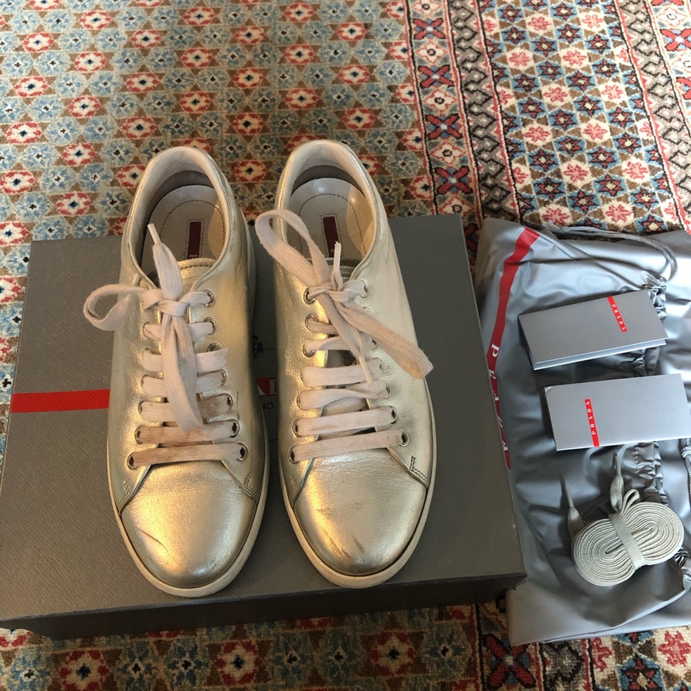 PRADA Metallic Leather Platform Sneakers 7.5 - Picture 4 of 12